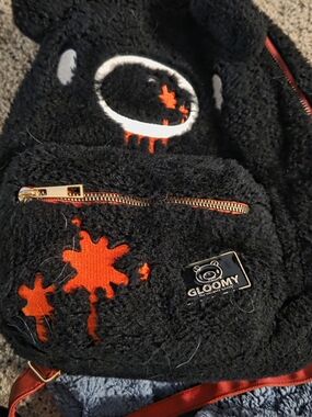 Plush black Gloomy Bear Mini Backpack  With Red Blood Splatters